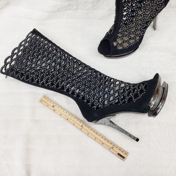 Fantasia Cutout Genuine Suede Rhinestone Boot 6" Heel Knee Boots - Picture 12 of 12